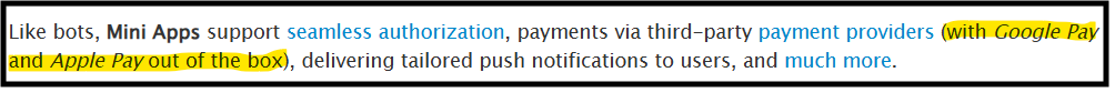 telegram web app doesn't support google and apple pay