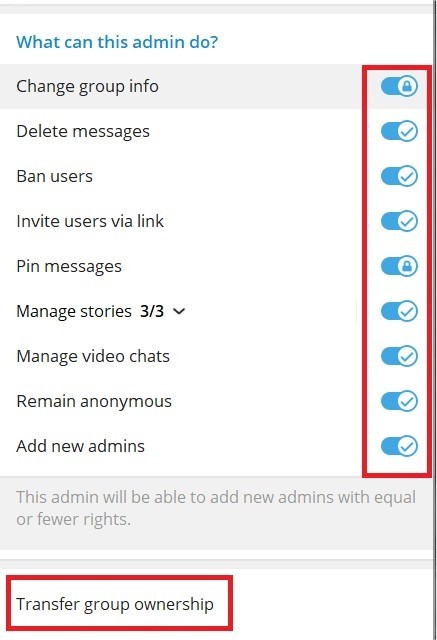 transfering ownership of a Telegram group or channel