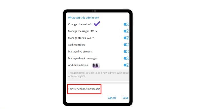 last step of transferring Telegram channel ownership