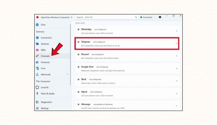 first step of connect openclaw to telegram